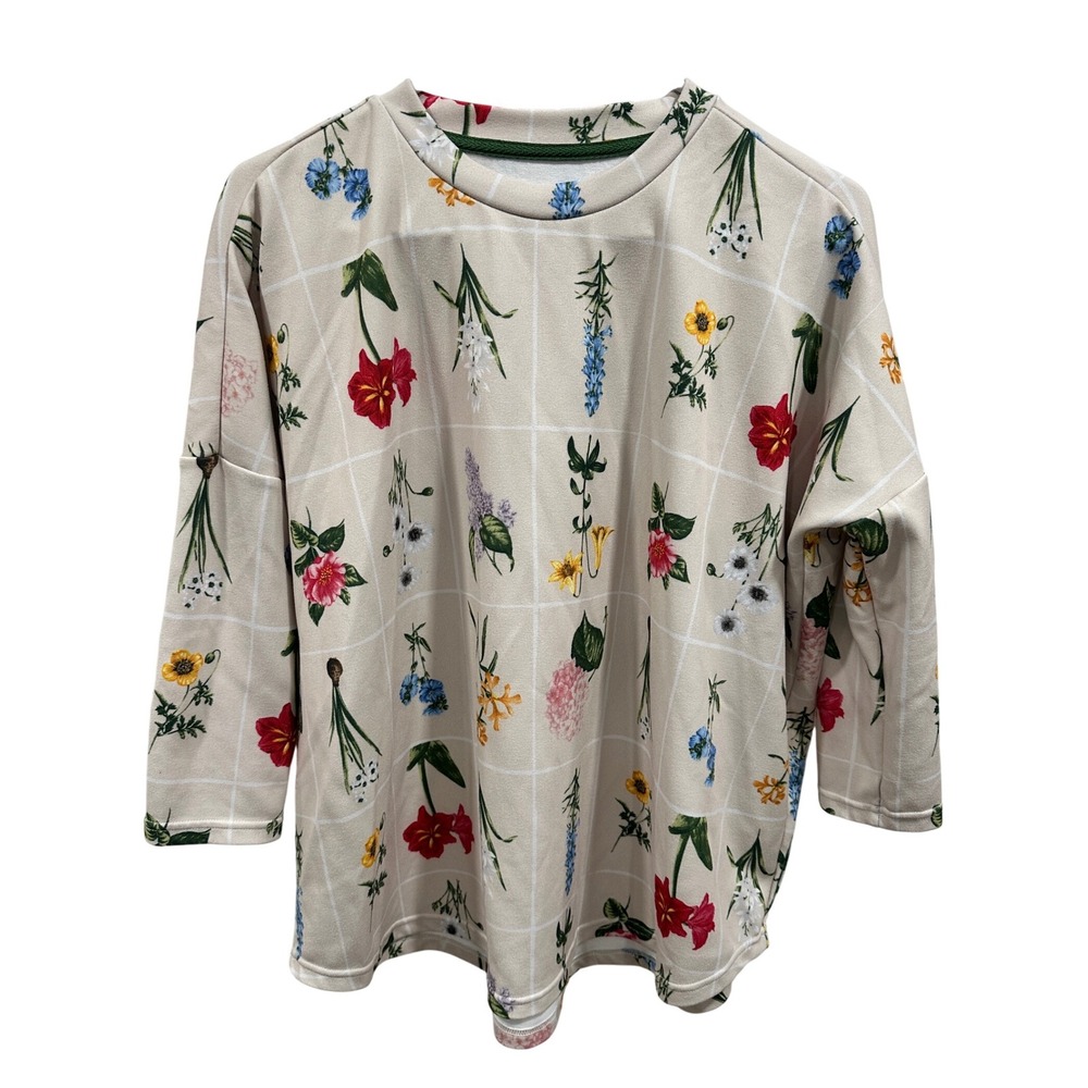 Tuckernuck Floral Print Top XS/S Beige Grid Botanical Crew Neck 3/4 Sleeve
